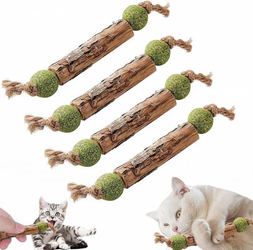 Set de 4 betisoare pentru pisici Sunshine - lemn - natur/verde - 12 cm
