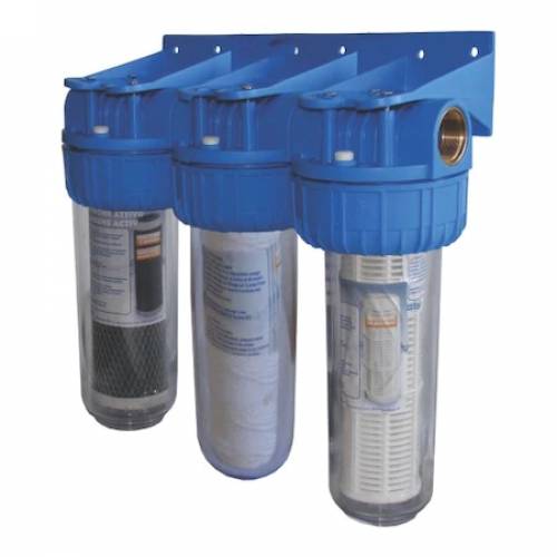 Filtre de apa TITAN 3 x 10" cu 1/2" in linie pentru filtrare mecanica cu 3 cartuse filtrante - nylon + polipropilena + carbune activ