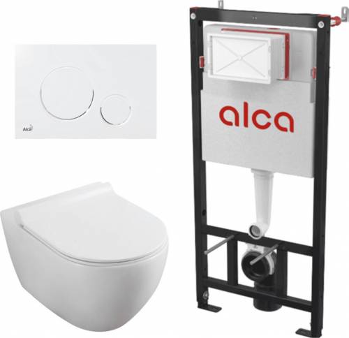 Set rezervor WC cu cadru incastrat Alcadrain AM101/1120 si clapeta M676 alb mat plus vas WC Fluminia Minerva cu capac softclose alb