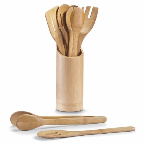 Set ustensile bucatarie si suport din bambus - Bamboo Natural - 7 piese - O9xH33 cm