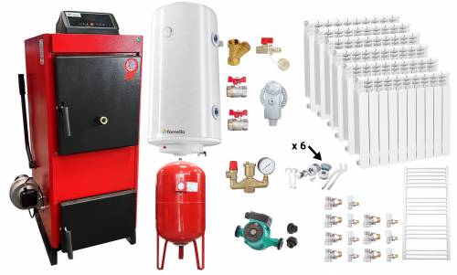 Pachet Centrala pe combustibil solid Fiama D2-40 Putere 46 kW - cu Ventilator si Automatizare - Calorifere Aluminiu - Boiler Termoelectric - Pompa -...