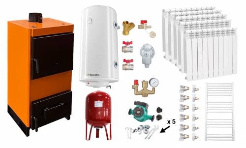 Pachet Centrala pe combustibil solid Fiama W 25 kW - Calorifere aluminiu - Boiler Termoelectric - Vas Expansune - Pompa si Fitinguri Montaj
