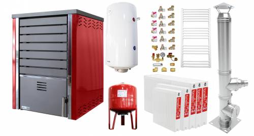 Pachet incalzire si apa calda 4 camere Centrala pe lemne SAUNA RED 30 kw echipata cu pompa de circulare - cos inox - boiler termoelectric 100l - vas...