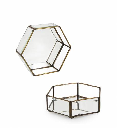 Cutie pentru depozitare cu capac - din sticla si metal Hexagonal Small Transparent / Alama - L16xl14xH6 cm