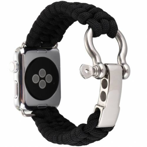 Curea iUni compatibila cu Apple Watch 1/2/3/4/5/6/7 - 44mm - Elastic Paracord - Rugged Nylon Rope - Black