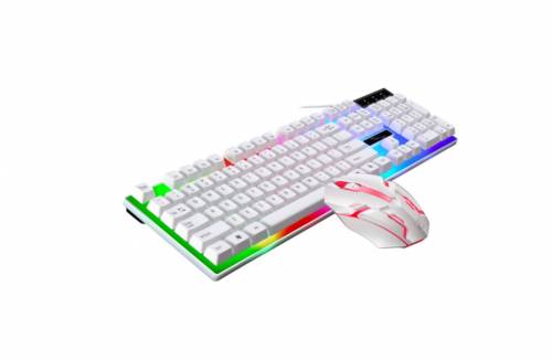 Kit mouse si tastatura cu fir - Lumini LED Combo gaming - computer - laptop - alb OMC