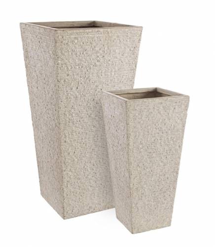 Set 2 ghivece din fibra de sticla si argila - Stone High Bej - L42xl42xH88 / L32xl32xH65 cm