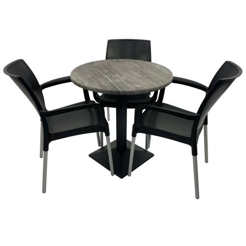 Set 3 scaune SUNSET negre si masa rotunda D70cm Raki Old Pine cu blat werzalit si baza metalica culoare neagra