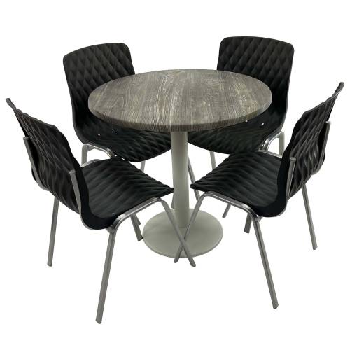 Set mobila de terasa - restaurant Raki Old Pine - masa rotunda D80cm cu blat werzalit si baza metalica culoare alba - 4 scaune ROYAL negre