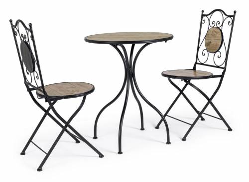 Set masa + 2 scaune pliabile pentru gradina / terasa - din ceramica si metal - Kansas Natural / Negru - O60xH75 cm