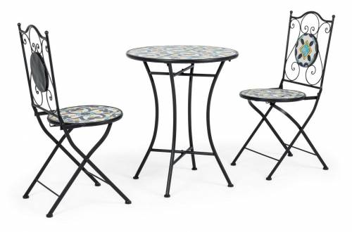 Set masa + 2 scaune pliabile pentru gradina / terasa - din ceramica si metal - Positano Multicolor / Negru - O60xH75 cm