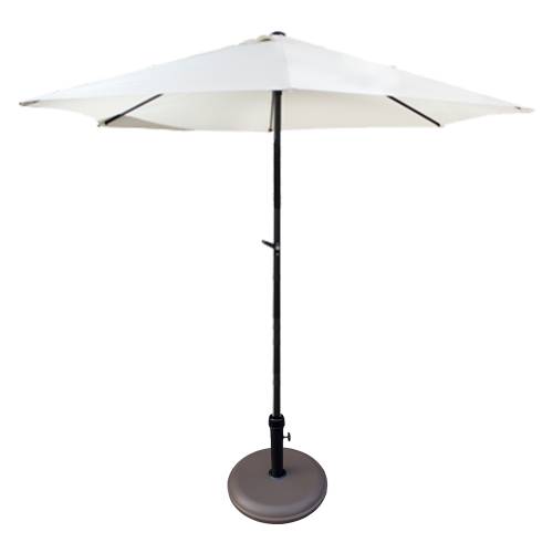 Umbrela soare cu mecanism rabatare 250 cm - alba si suport rotund 12 kg - culoare maro