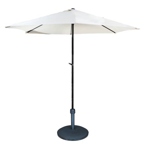 Umbrela soare cu mecanism rabatare 300 cm alba si suport rotund 25 kg negru