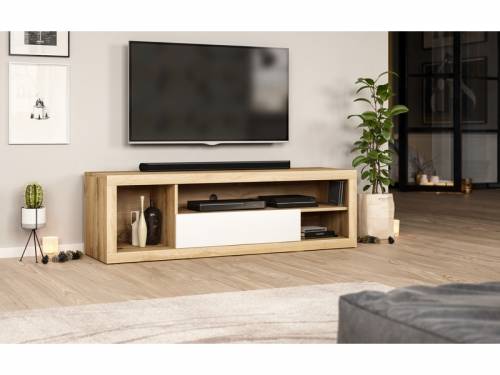 Comoda TV din pal - cu 1 usa - Arte Stejar Wotan / Alb Mat - l140xA40xH42 cm