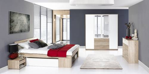 Set Mobila Dormitor din pal - cu pat 200 x 160 cm - 3 piese Milo Alb / Stejar Sonoma