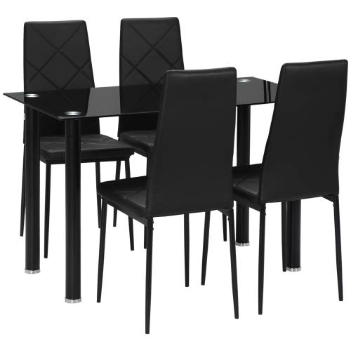 HOMCOM Set de masa si scaune 5 buc - masa dreptunghiulara din sticla temperata si otel si 4 scaune de sufragerie cu spuma si scaun captusit | RO