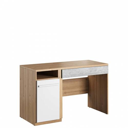 Masa de birou din pal - cu 1 sertar si 1 usa - pentru copii si tineret - Plano 06 Stejar / Gri / Alb - L120xl55xH76 cm