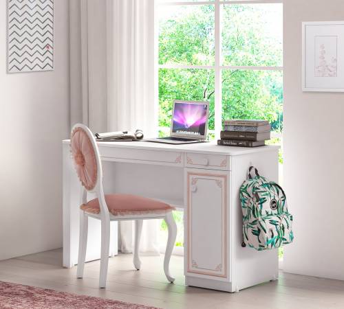 Masa de birou din pal - cu 1 usa si 2 sertare pentru tineret Selena Pink Alb / Roz - L120xl52xH75 cm