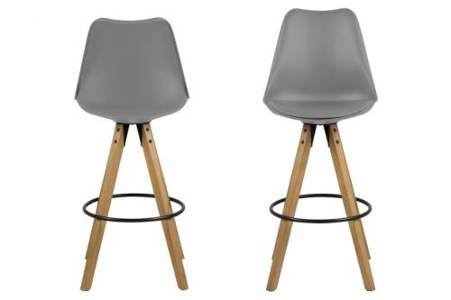 Set 2 scaune de bar din plastic - sezut tapitat cu piele ecologica si picioare din lemn Dima Gri / Stejar - l48 - 5xA55xH111 - 5 cm