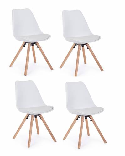 Set 4 scaune din plastic cu sezut tapitat cu piele ecologica si picioare din lemn - New Trend Alb / Natural - l54xA49xH83 - 5 cm