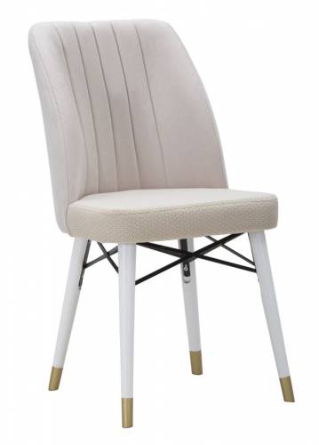 Set 2 scaune tapitate cu stofa si picioare din lemn Bella Velvet Crem / Alb / Auriu - l50xA49xH92 - 5 cm