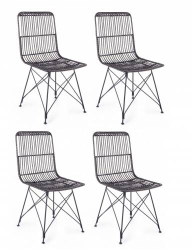 Set 4 scaune din ratan cu picioare metalice Lucila Negru - l45xA55xH85 cm