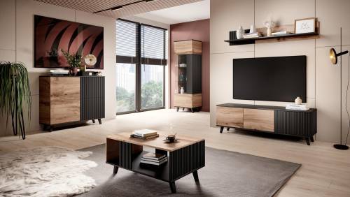 Set de mobila living din MDF - pal si sticla - 5 piese Randolph Small Stejar Wotan / Negru